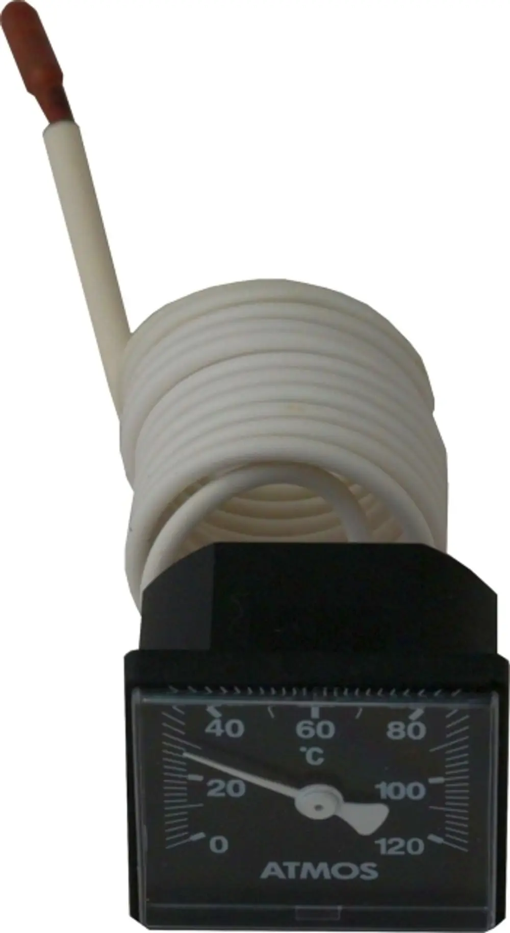 Thermometer mit analoger Anzeige in Schwarz und weißem Sensorleitung, verwendet in Heizsystemen, hergestellt von Wolf.